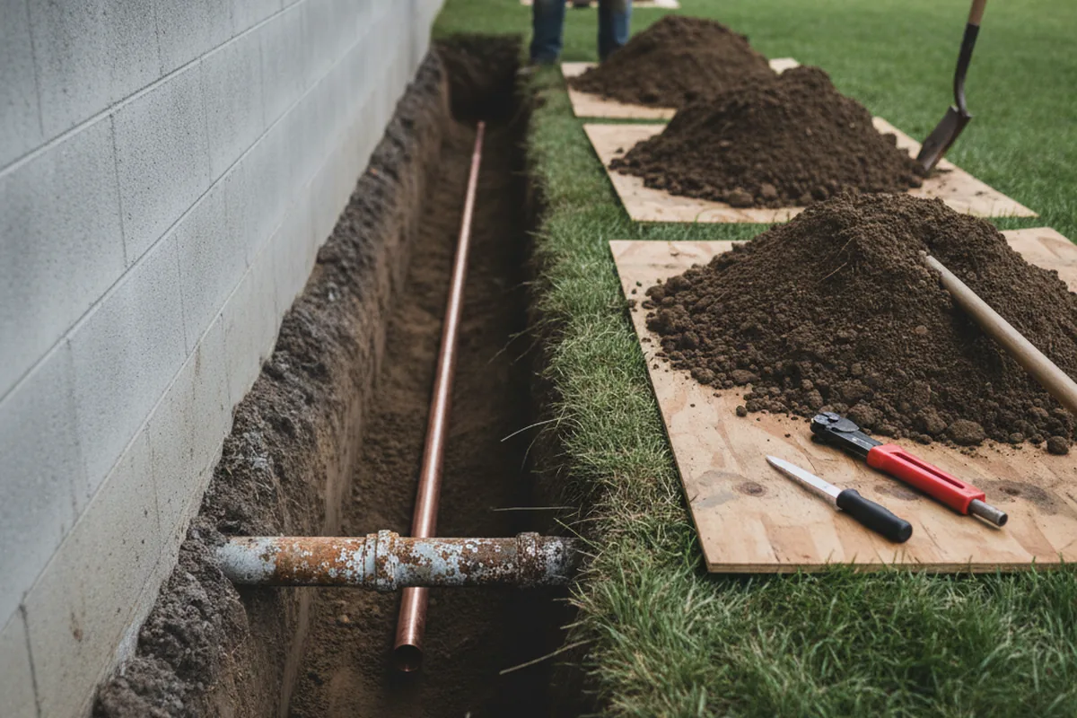 Excavated water line trench during Water Heater Repair in Barrington